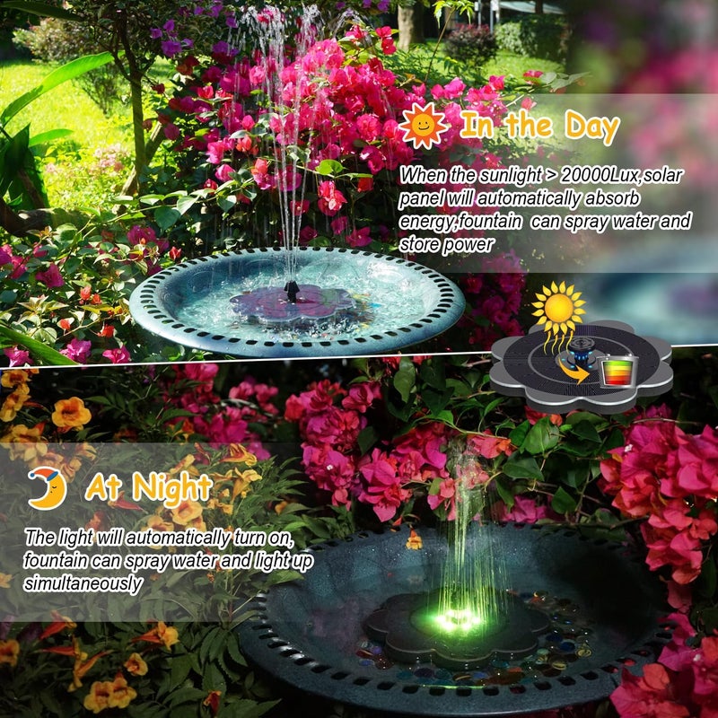 GAIZERL Solar Fountain, Upgrade Lucky Flower 3.5W Solar Bird Bath Water Fountain with Lights, and 2000mAh Battery, Solar Powered Hummingbird Fountain Pump with 7 Nozzles, 4 Fixed Pipes for Garden - Image 3